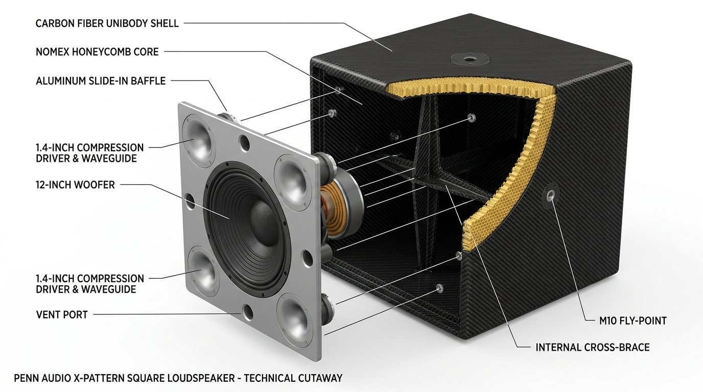 Cutaway of a Penn Audio loudspeaker showing the Unibody enclosure and slide-in baffle