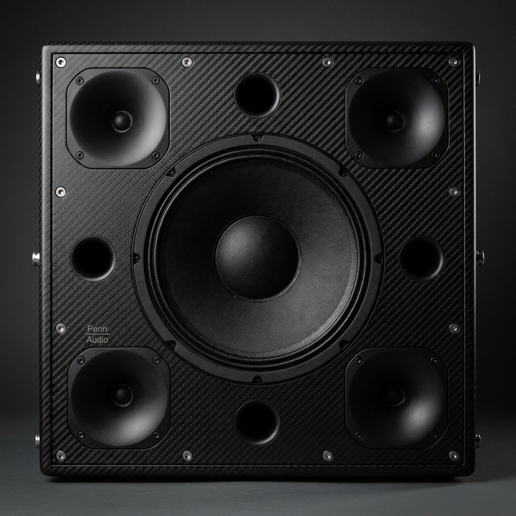 X-pattern baffle layout: one woofer centered with four corner compression drivers